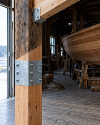 A scarf-jointed Douglas fir post clamped with bright galvanized plates and bolts, a wooden hull behind it.