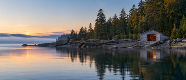 Salish Sea Boathouse and its marine railway on a still shore at first light.