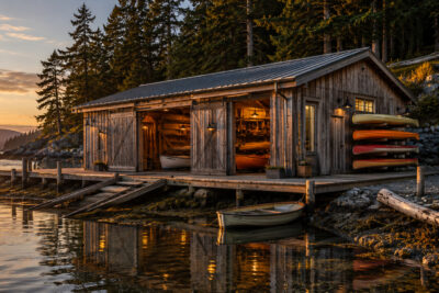 Salish Sea Boathouse from the water at low tide, doors open to the shop.