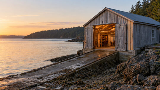 A 1948 timber boat shed at the head of its concrete marine railway, doors open to the shop at low tide.