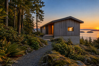A low cedar and concrete house seen end-on from the drive at sunset, the Salish Sea beyond.