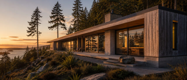 Cedar Cove House at sunset: a single low bar on a rock shelf, the Salish Sea beyond.