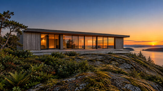 The long west elevation of Cedar Cove House, glazing running the length of the bar toward the water.