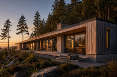 Cedar Cove House from the rock shelf at golden hour, the concrete plinth visible below the siding.