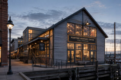 Maritime Heritage Center on the Port Townsend waterfront at blue hour.