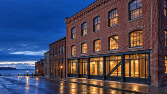 An 1889 brick warehouse on the waterfront street at blue hour, freshly repointed in lime and lit from within.