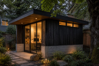 North Slope Studio at dusk — charred cedar on a board-formed concrete base.