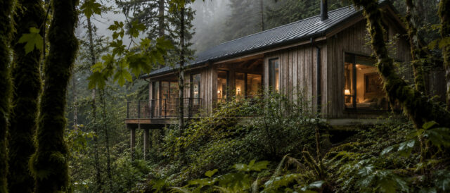 Coastal Forest Retreat among second-growth cedar, the deck cantilevered over the slope.