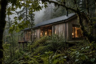 Coastal Forest Retreat in second-growth cedar, the deck cantilevered over the slope.