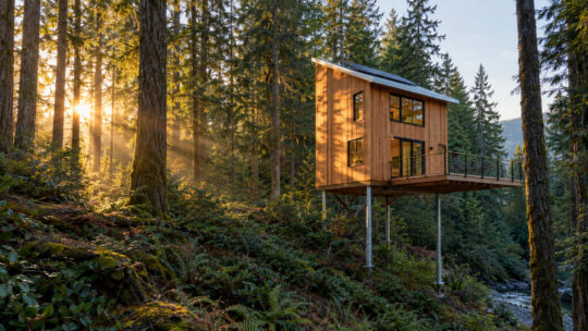 A cedar-clad house standing on steel helical piles above a forest slope, its deck cantilevered past the last of them.
